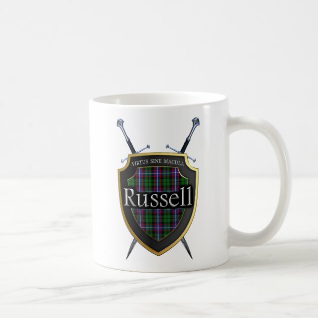 Scottish Clan Russell Tartan Shield & Swords Coffee Mug (Right)