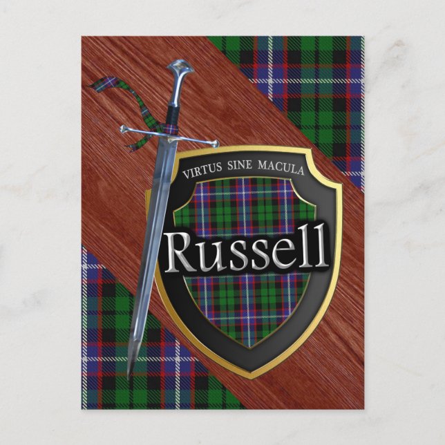 Scottish Clan Russell Tartan Sword & Shield Postcard (Front)