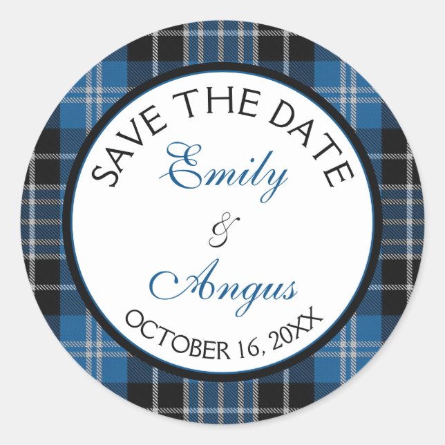 Scottish Clarke Clark Tartan Wedding Save a Date Classic Round Sticker (Front)