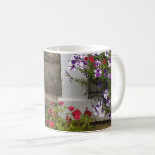Scottish cottage window with petunias and roses coffee mug