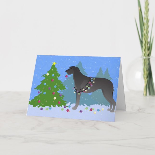 Scottish Deerhound Christmas Tree in the forest Holiday Card (Front)