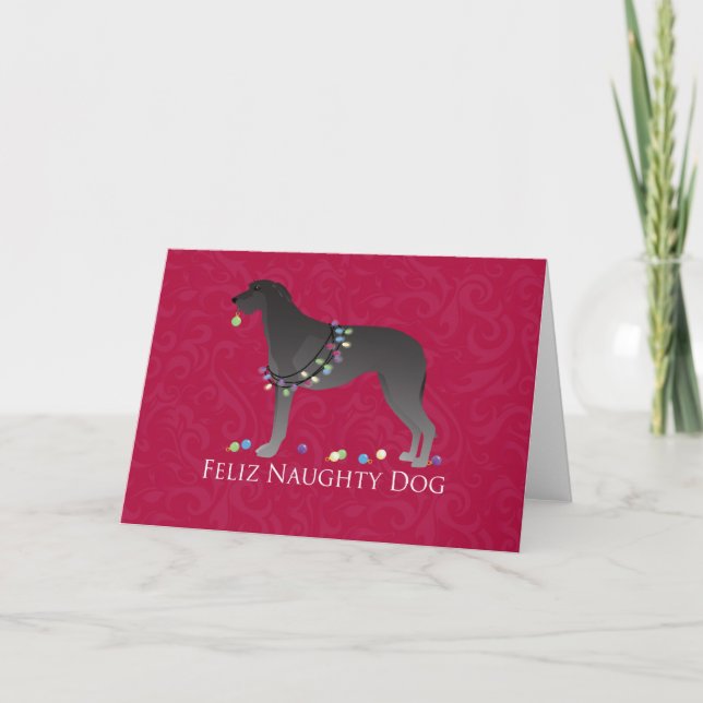 Scottish Deerhound Feliz Naughty Dog Christmas Holiday Card (Front)