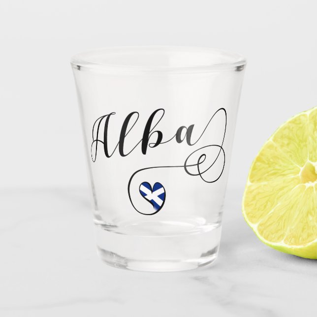 Scottish Flag in Heart, Alba, Scots Gaelic Shot Glass (Front)