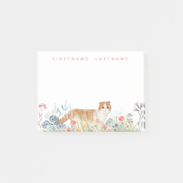 Scottish Fold Cat | Monogram Floral Post-it Notes (Front)