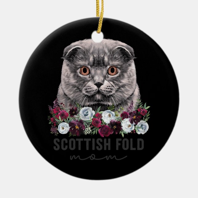 Scottish Fold Cat Mum Floral  Ceramic Ornament (Front)