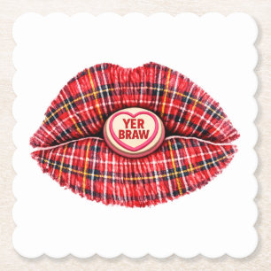Scottish Gift Tartan Lips Love Pop Art Paper Coaster