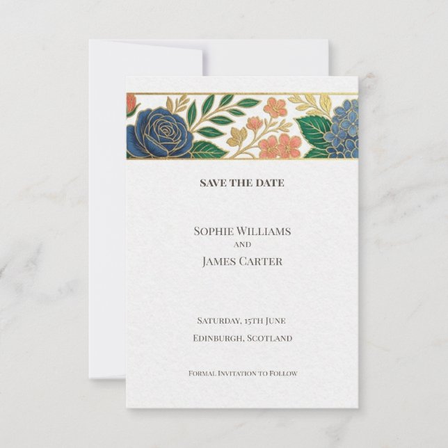 Scottish Gold Floral Save the Date Card (Front)