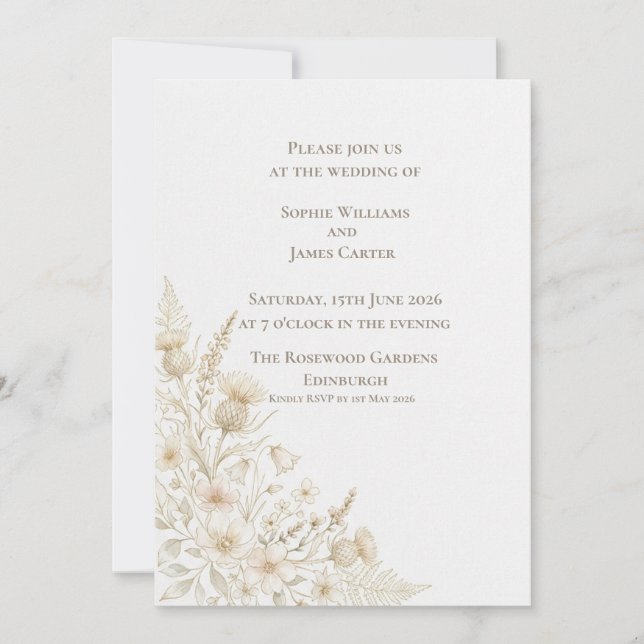 Scottish Gold Wildflower Botanical Corner Wedding Invitation (Front)