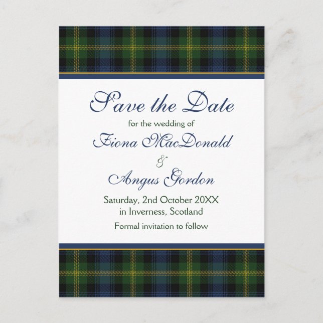 Scottish Gordon Tartan Wedding Save the Date Announcement Postcard (Front)