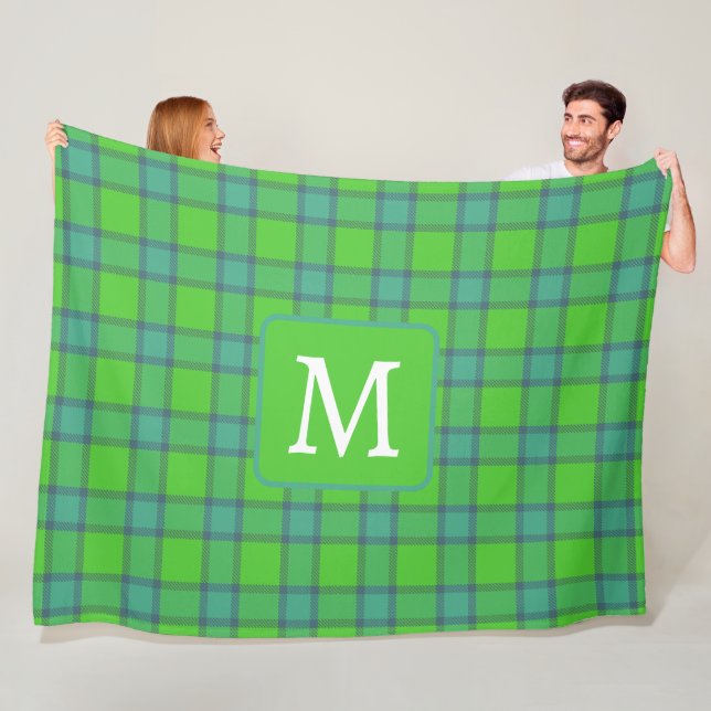 Scottish green &blue Plaid monogram Fleece Blanket (In Situ)