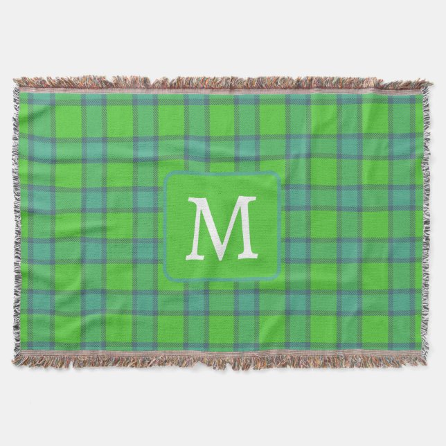 Scottish green &blue Plaid tartan monogram Throw Blanket (Front)