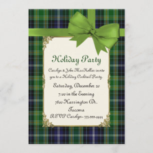 Scottish Green Tartan Plaid Custom Holiday Party Invitation