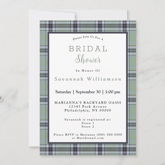 Scottish Green Tartan Watercolor Bridal Shower Invitation (Front)