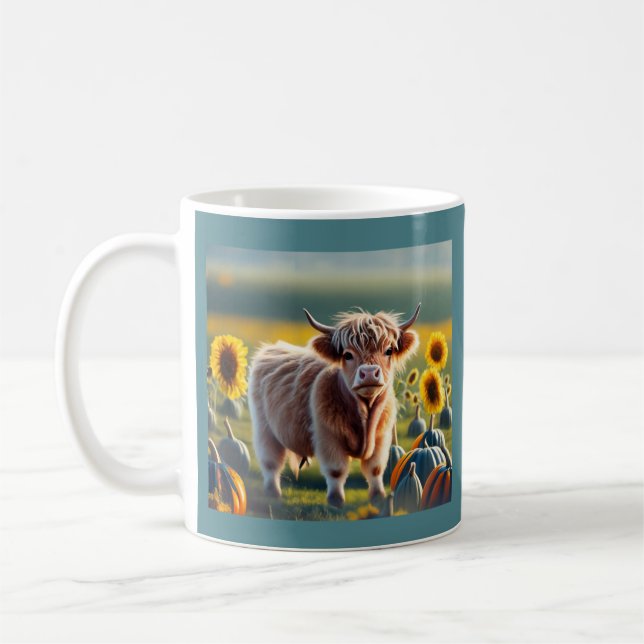 Scottish Highland Baby Cow Sunflower and Pumpkins Coffee Mug (Left)