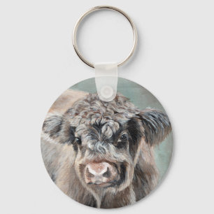 Scottish Highland Calf on Green Key Ring