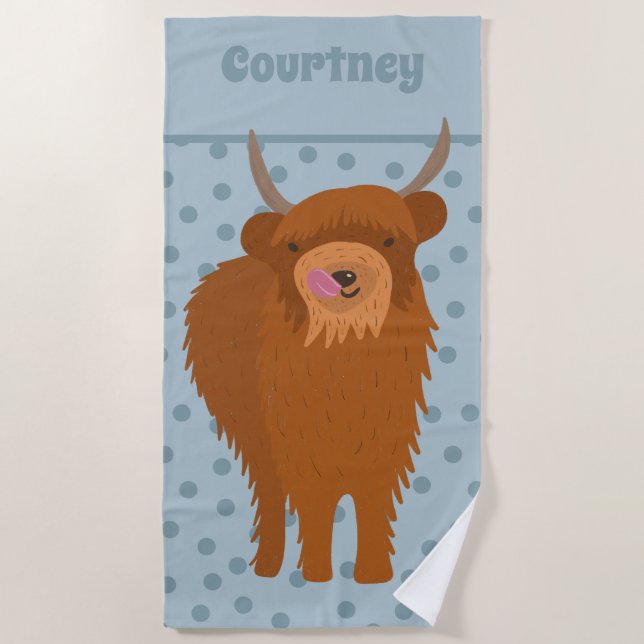 Scottish Highland Cattle Cow Graphic Personalised Beach Towel (Front)