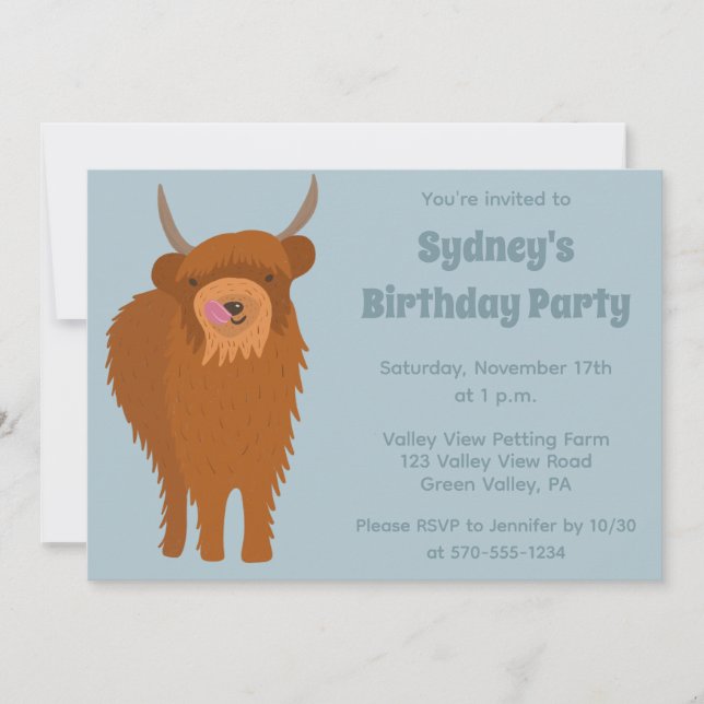 Scottish Highland Cattle Light Blue Birthday Party Invitation (Front)