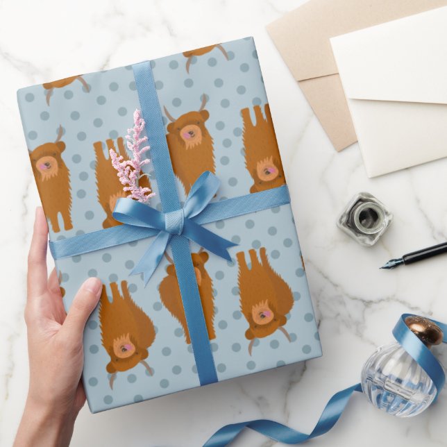 Scottish Highland Cattle Pale Blue Polka Dots Wrapping Paper (Gifting)