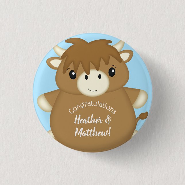 Scottish Highland Cow Baby Shower Blue 3 Cm Round Badge (Front)