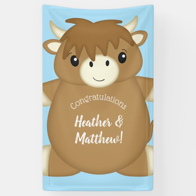 Scottish Highland Cow Baby Shower Blue Banner (Vertical)