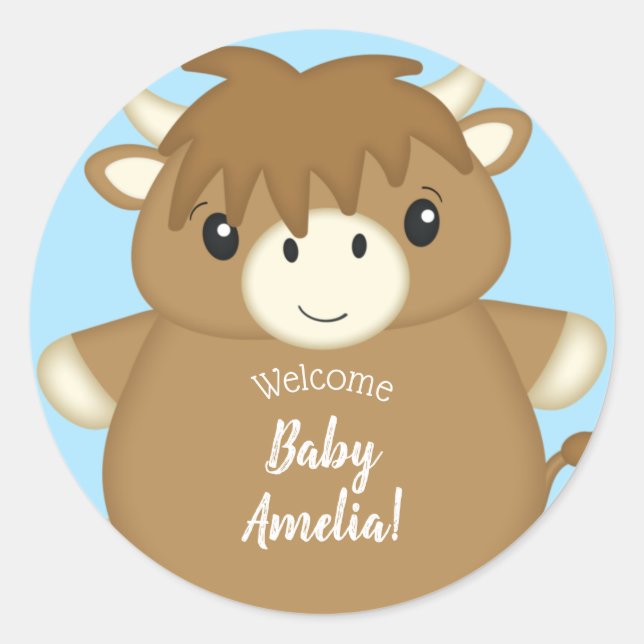Scottish Highland Cow Baby Shower Blue Classic Round Sticker (Front)