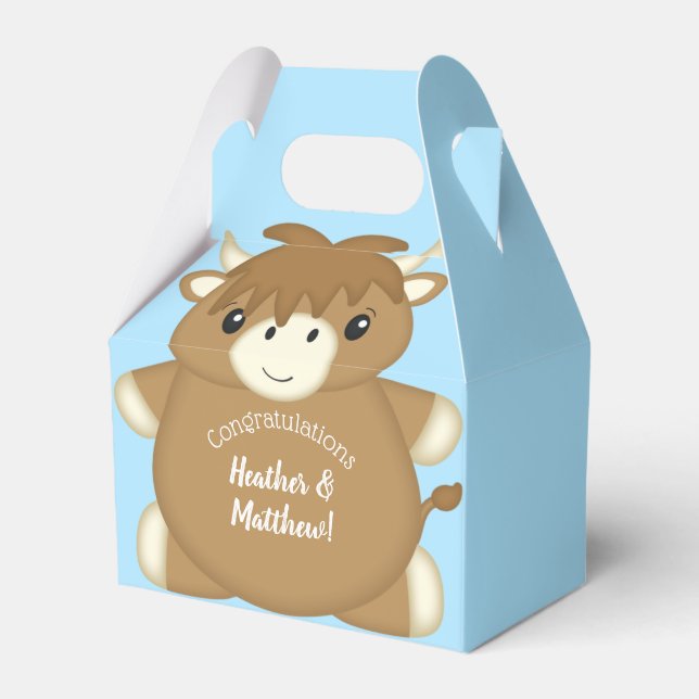 Scottish Highland Cow Baby Shower Blue Favour Box (Front Side)