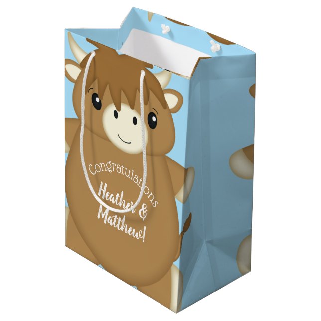 Scottish Highland Cow Baby Shower Blue Medium Gift Bag (Back Angled)