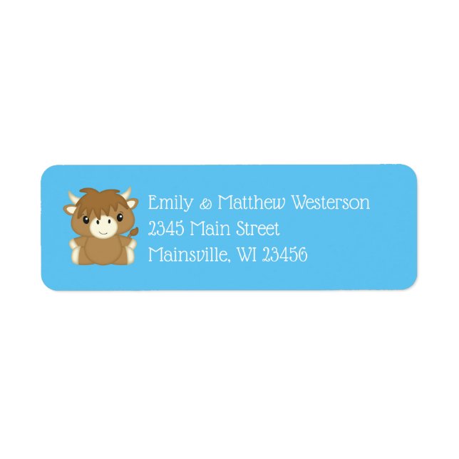 Scottish Highland Cow Baby Shower Blue Return Address Label (Front)