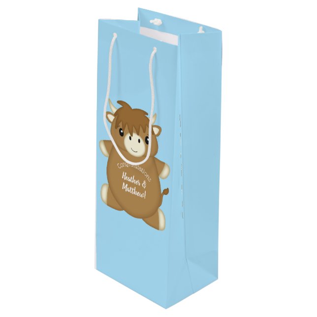 Scottish Highland Cow Baby Shower Blue Wine Gift Bag (Front Angled)