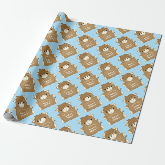 Scottish Highland Cow Baby Shower Blue Wrapping Paper (Unrolled)