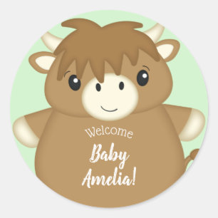 Scottish Highland Cow Baby Shower Green Classic Round Sticker