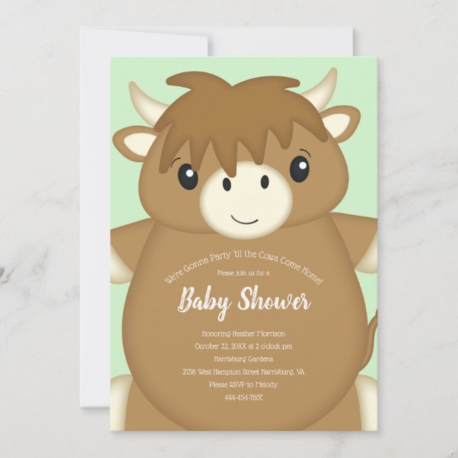 Scottish Highland Cow Baby Shower Green Invitation (Front)