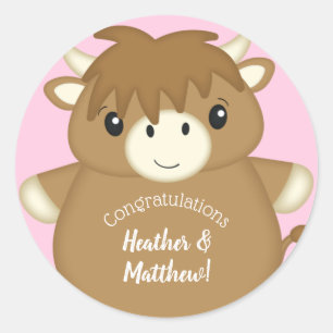 Scottish Highland Cow Baby Shower Pink Classic Round Sticker