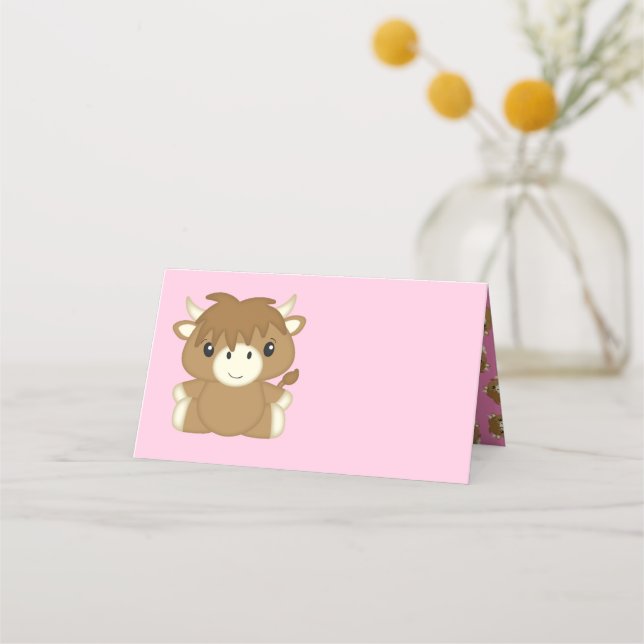 Scottish Highland Cow Baby Shower Pink Place Card (Front)