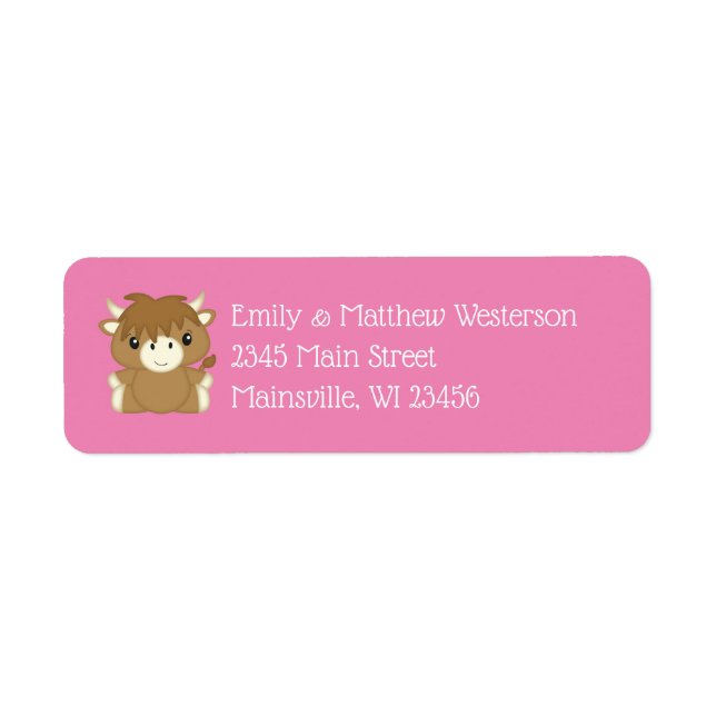 Scottish Highland Cow Baby Shower Pink Return Address Label (Front)