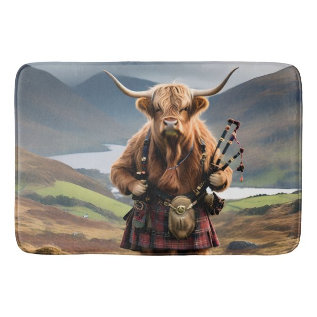 Scottish Highland Cow Bagpiper,  Bath Mat (Front)