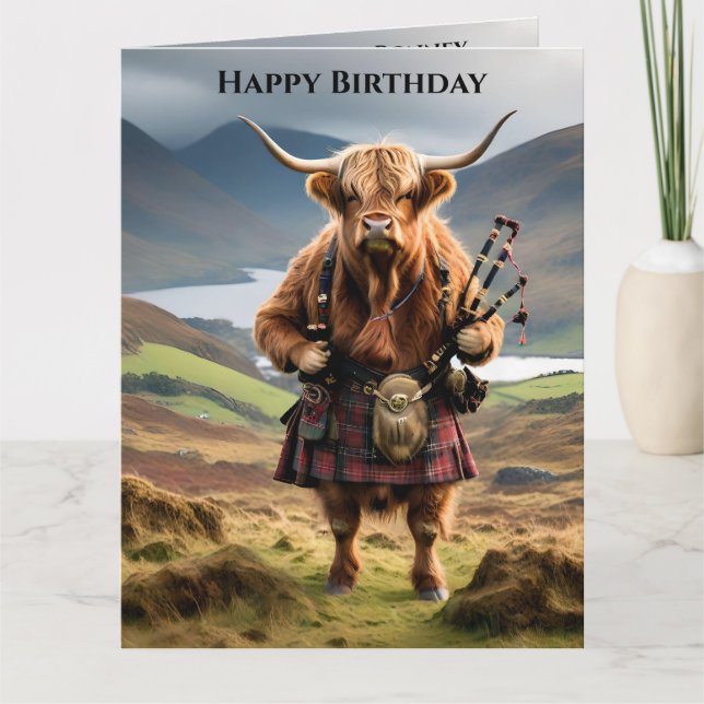 Scottish Highland Cow Bagpiper, Big Birthday Card  (Front)