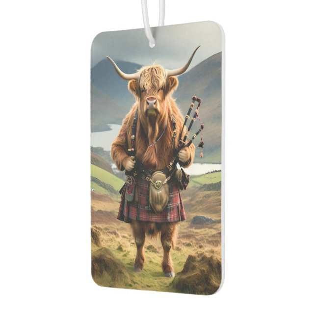 Scottish Highland Cow Bagpiper,  Car Air Freshener (Left)