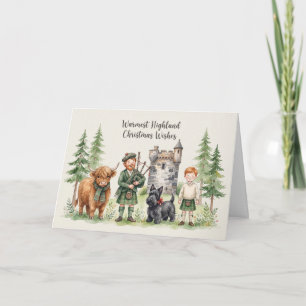 Scottish Highland Cow Bagpiper Castle Christmas Card