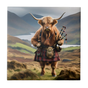 Scottish Highland Cow Bagpiper,  Ceramic Tile