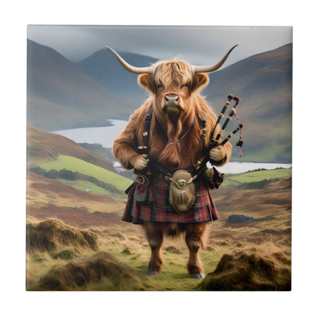 Scottish Highland Cow Bagpiper,  Ceramic Tile (Front)