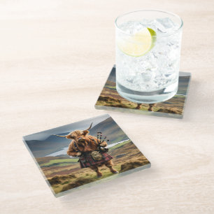 Scottish Highland Cow Bagpiper, Glass Coaster