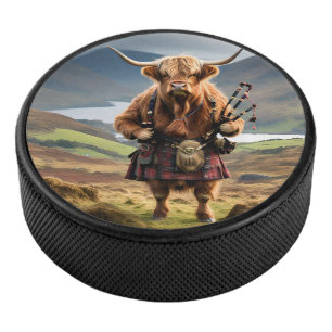 Scottish Highland Cow Bagpiper, Hockey Puck