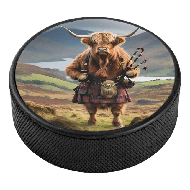 Scottish Highland Cow Bagpiper, Hockey Puck (3/4)