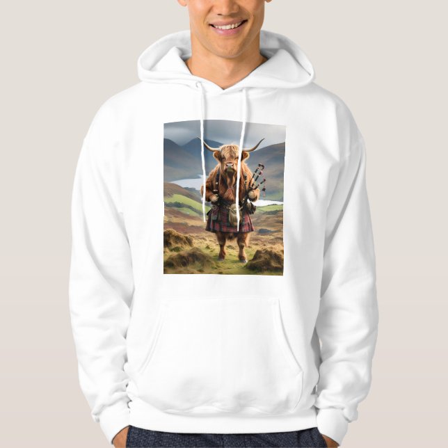 Scottish Highland Cow Bagpiper,  Hoodie (Front)