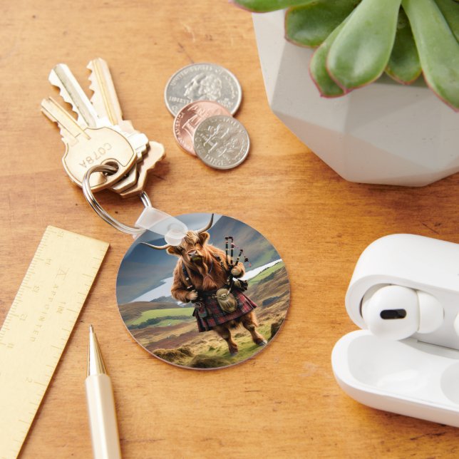 Scottish Highland Cow Bagpiper, Key Ring (Desk)