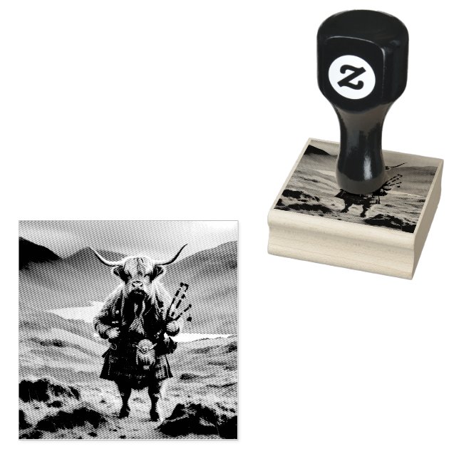 Scottish Highland Cow Bagpiper, Rubber Stamp (Stamped)
