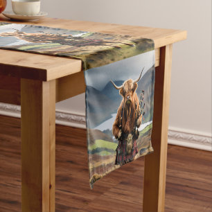 Scottish Highland Cow Bagpiper, Short Table Runner