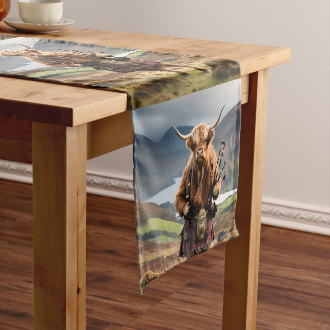 Scottish Highland Cow Bagpiper, Short Table Runner (In Situ)