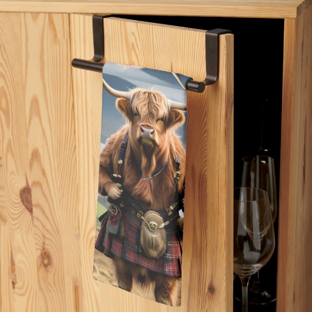 Scottish Highland Cow Bagpiper,  Tea Towel (Thirds Fold)